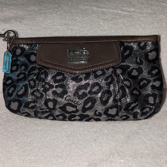 Coach Handbags - Coach Madison Ocelot gray metallic black leopard wristlet.